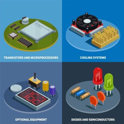 Semiconductor 2x2 design concept set of transistors microprocessors diodes and cooling systems square compositions isometric vector illustration