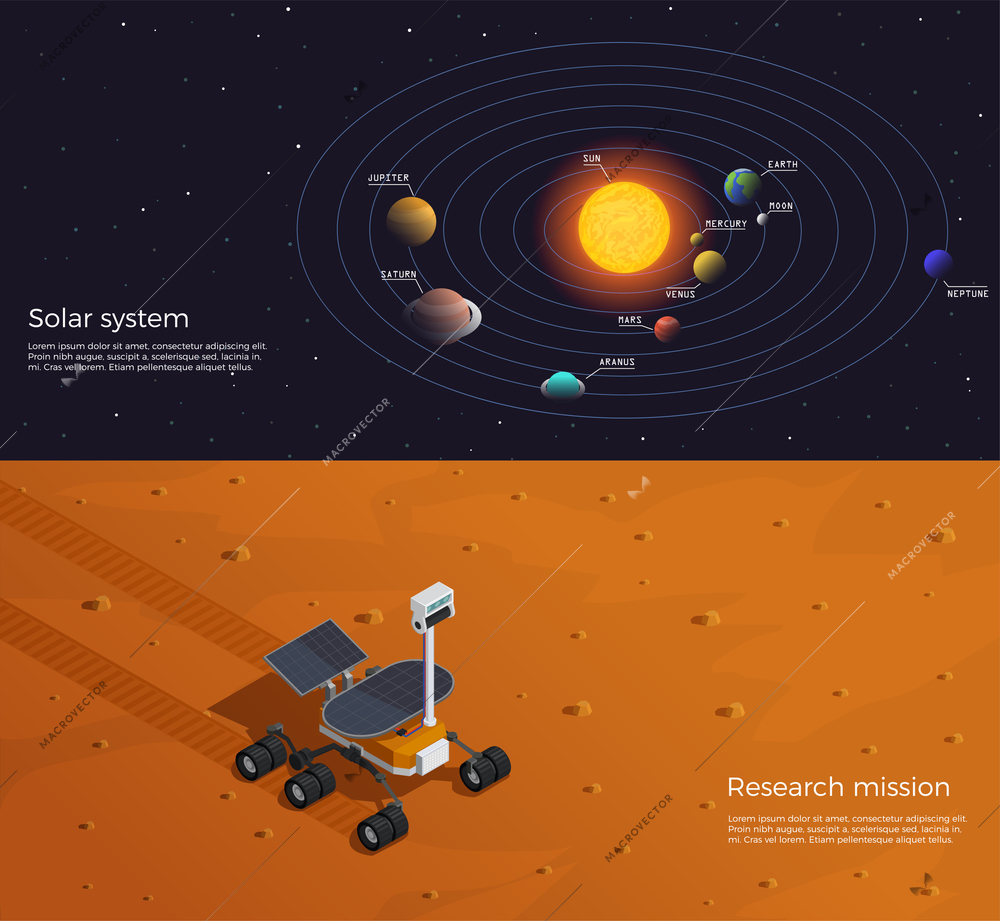 Mars colonization two horizontal banners illustrated solar system and research mission isometric compositions vector illustration