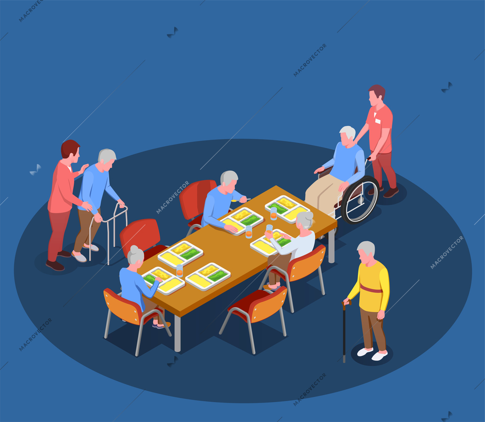 Elderly care in nursing home isometric poster with residents meeting in dining room with help of their caretakers vector illustration