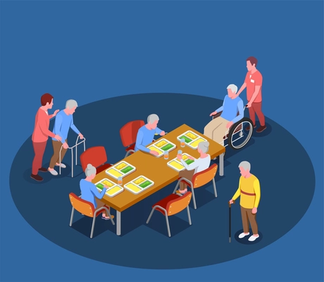 Elderly care in nursing home isometric poster with residents meeting in dining room with help of their caretakers vector illustration