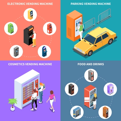 Vending machines with cosmetics food and drinks parking services isometric design concept isolated vector illustration