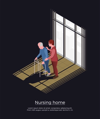 Nursing home isometric design concept with female person looking after elderly man moving with walker vector illustration