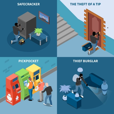 Thief burglar pick pocket and safe cracker theft of tip isometric design concept isolated vector illustration