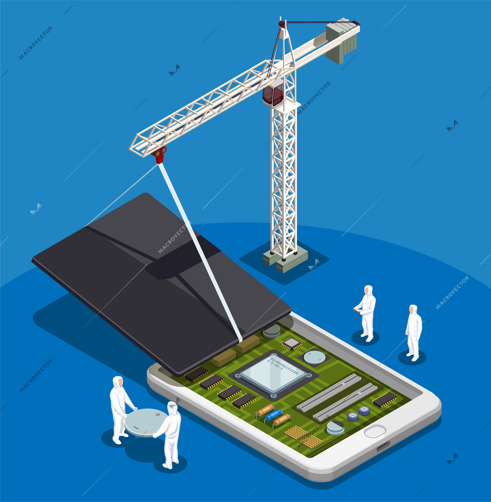 Semiconductor abstract composition with people in special work suits engaged in assembling of smartphone isometric vector illustration