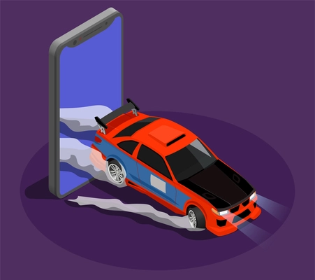 Car tuning isometric design concept symbolizing drift race by burnout car leaving screen of smartphone vector illustration