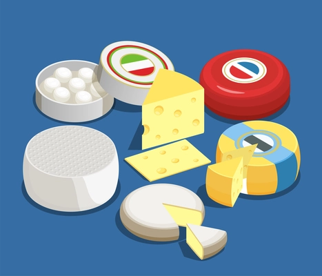Cheese assortment isometric design concept set of mozzarella maasdam brie and other sorts of cheese vector illustration
