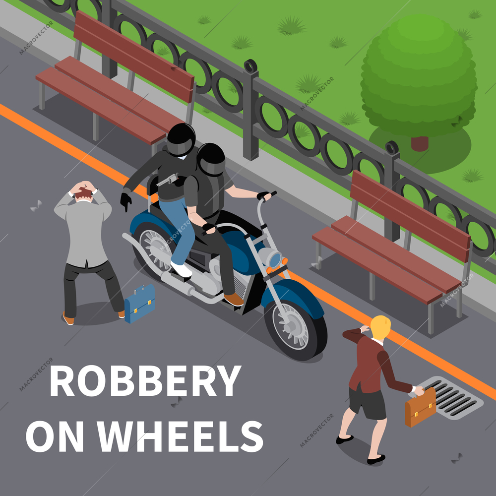 Robbery on wheels isometric composition with armed attackers on motor cycle during bag stealing vector illustration