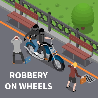 Robbery on wheels isometric composition with armed attackers on motor cycle during bag stealing vector illustration