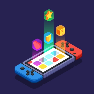 Gaming development for mobile app multicolor abstract design concept with game console equipped with screen and buttons isometric vector illustration
