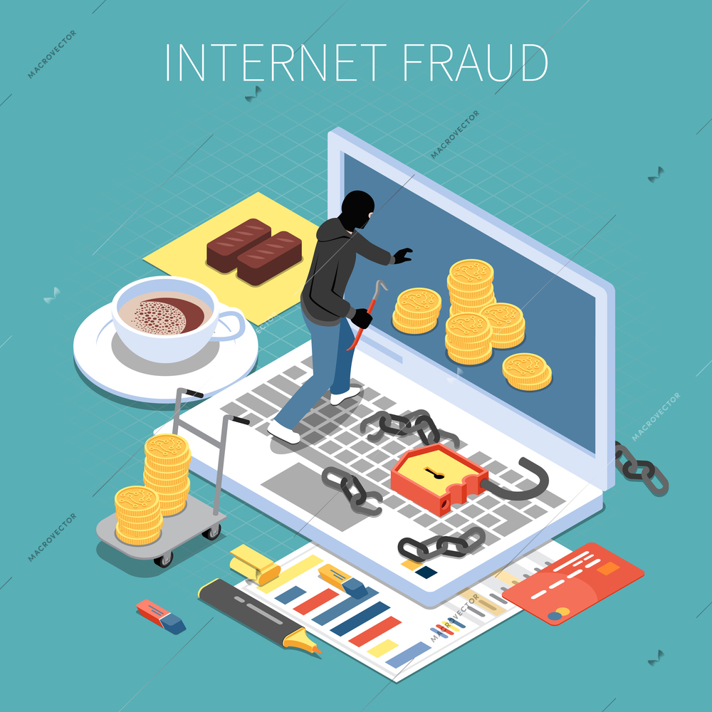 Internet fraud isometric composition hacker with money during attack to computer on turquoise background vector illustration