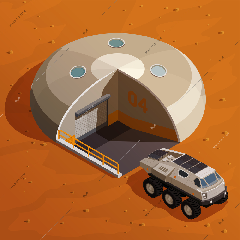 Mars colonization isometric design concept with rover explorer near colony base station on martian landscape background vector illustration