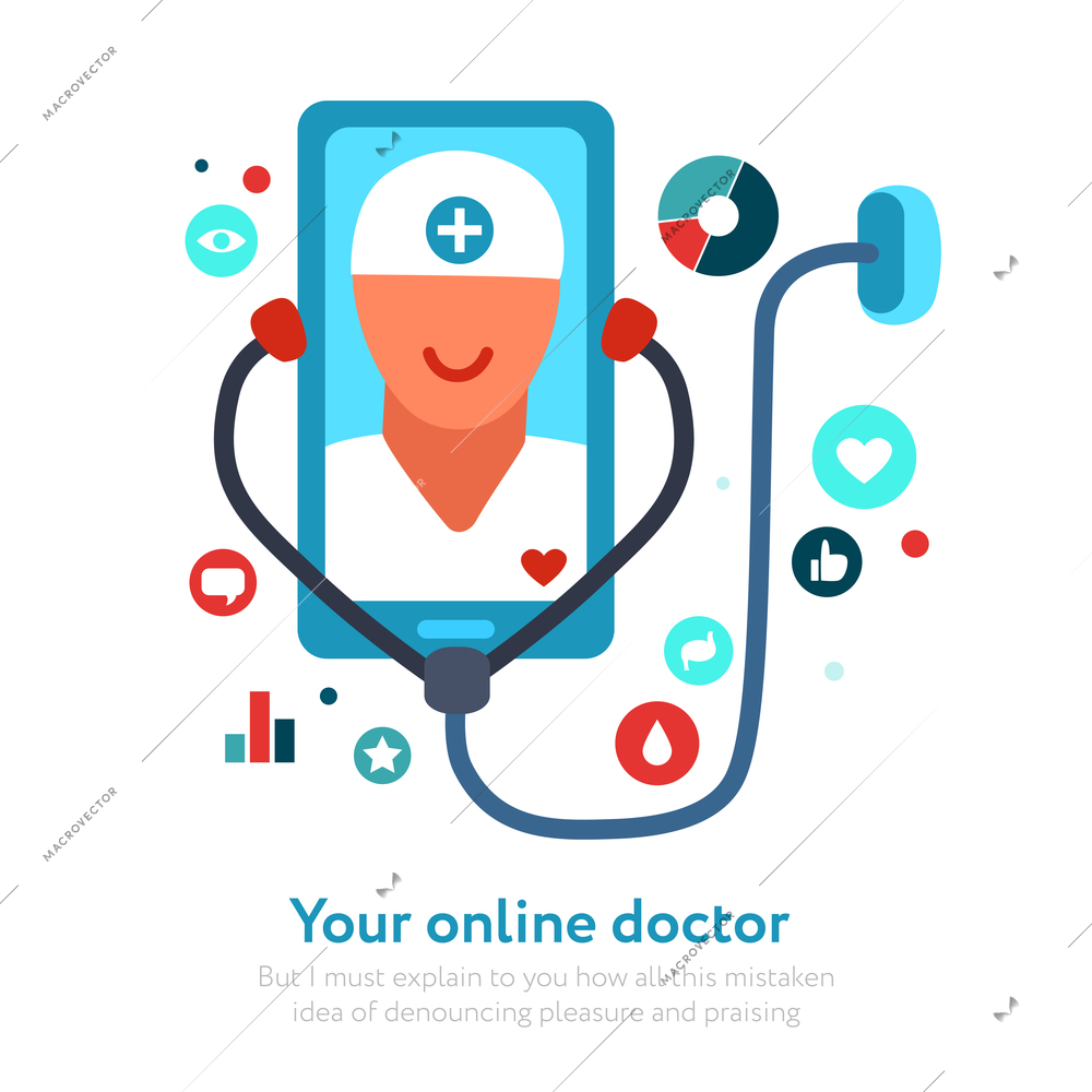 Online doctor on mobile device screen with stethoscope and medical icons on white background vector illustration