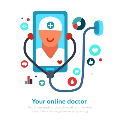 Online doctor on mobile device screen with stethoscope and medical icons on white background vector illustration