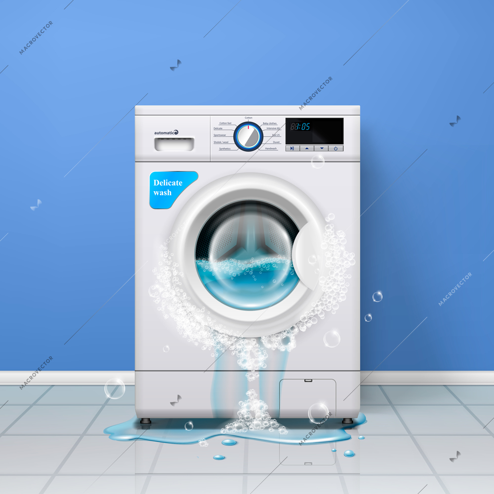 Broken washing machine realistic indoor composition with clothes washer and water pouring out of the door vector illustration