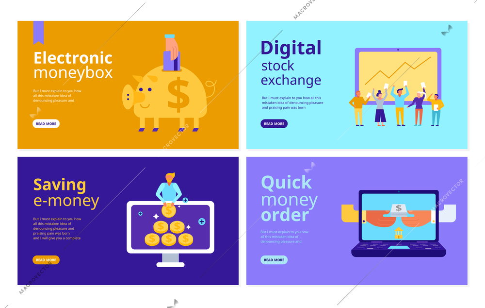 Finance set of banners with digital stock exchange online remittance electronic piggy bank isolated vector illustration