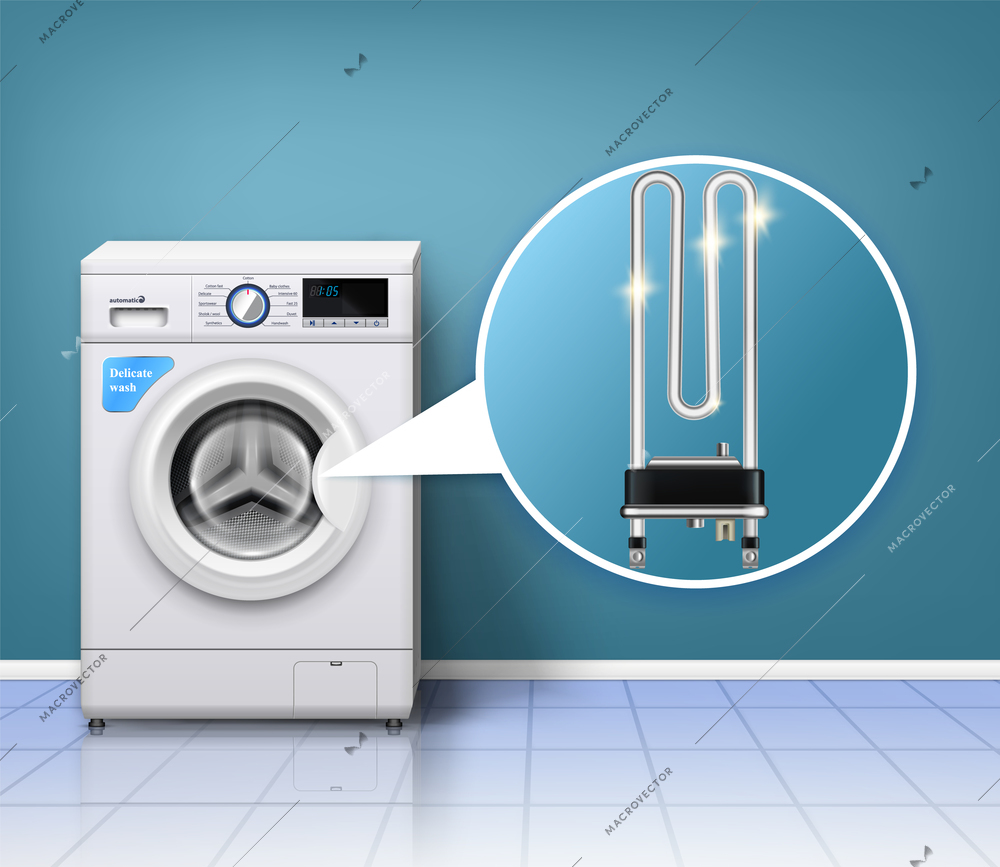 Washing machine scale protection composition with realistic laundry washer and serpentine tube heater with indoor environment vector illustration