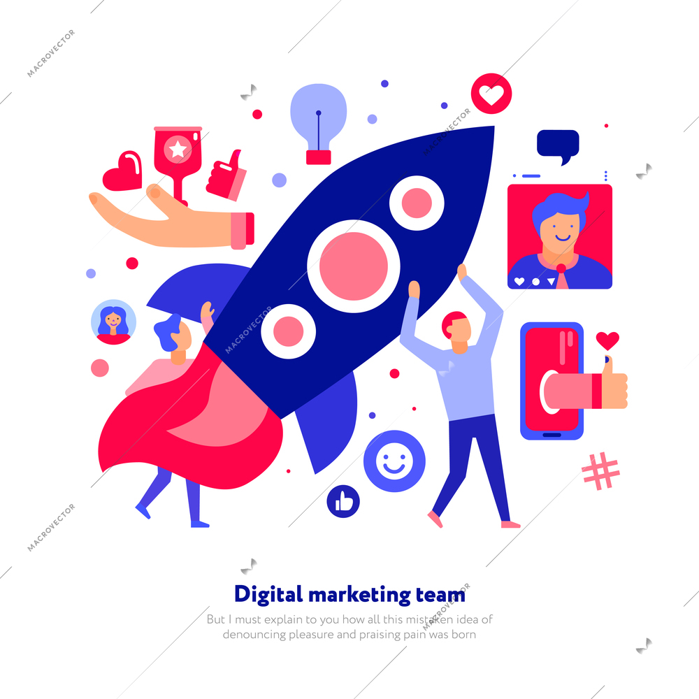 Digital marketing team for support of start up and internet advertising on white background flat vector illustration