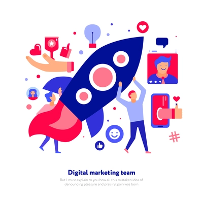 Digital marketing team for support of start up and internet advertising on white background flat vector illustration