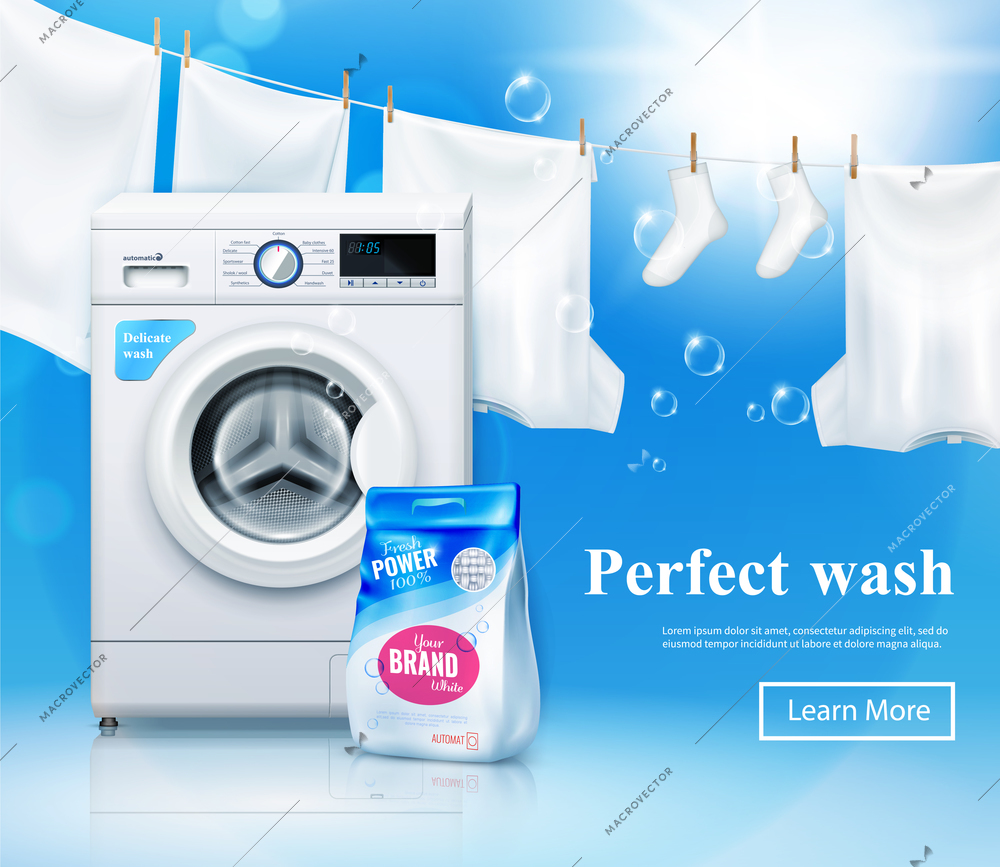 Washing machine advertising composition with realistic washing machine and laundry detergent images with text and clickable button vector illustration