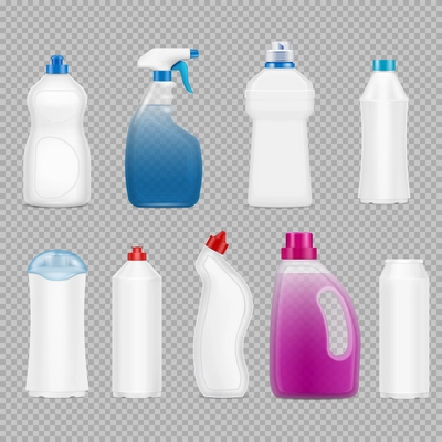 Detergent bottles set of realistic images on transparent background with isolated plastic bottles filled with soap vector illustration