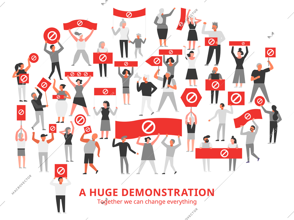 Crowd of protesting people with prohibiting sign on red placards during huge demonstration white background vector illustration