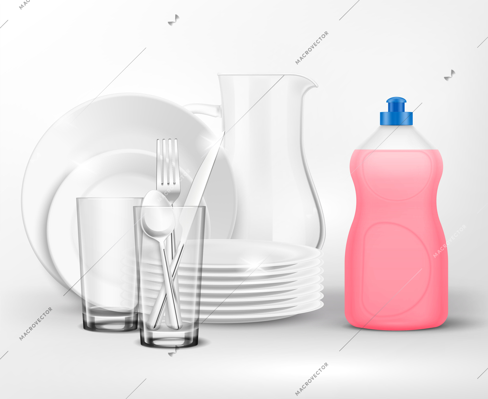 Detergent bottle clean dish wash composition with realistic plates and dishes with plastic bottle of dish soap vector illustration