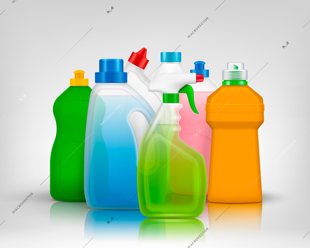 Detergent color bottles composition with realistic images of colourful bottles filled with washing soap with shadows vector illustration