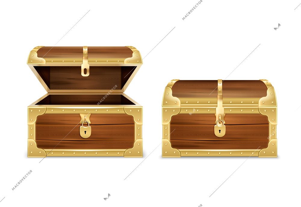 Wooden chest realistic set with images of opened and closed empty treasure coffers on blank background vector illustration