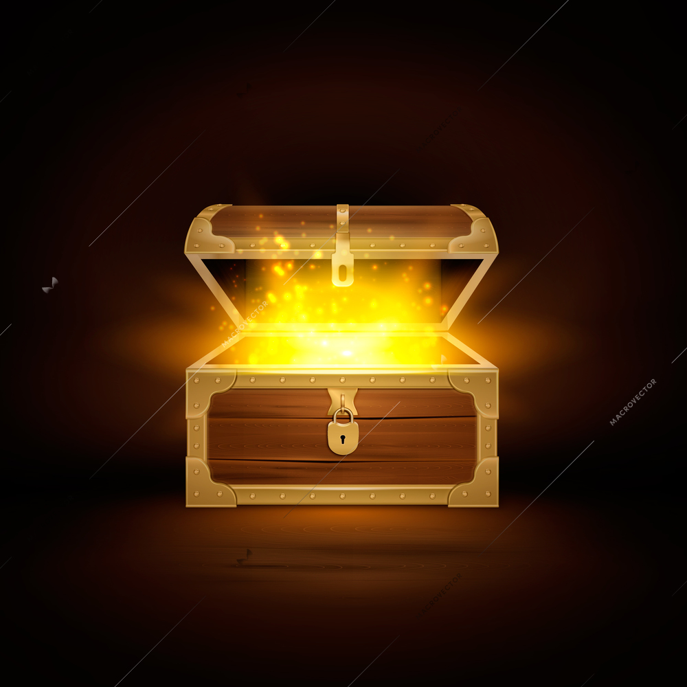 Shine in old wooden chest realistic composition of treasure coffer with open lid and golden particles vector illustration