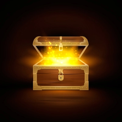 Shine in old wooden chest realistic composition of treasure coffer with open lid and golden particles vector illustration