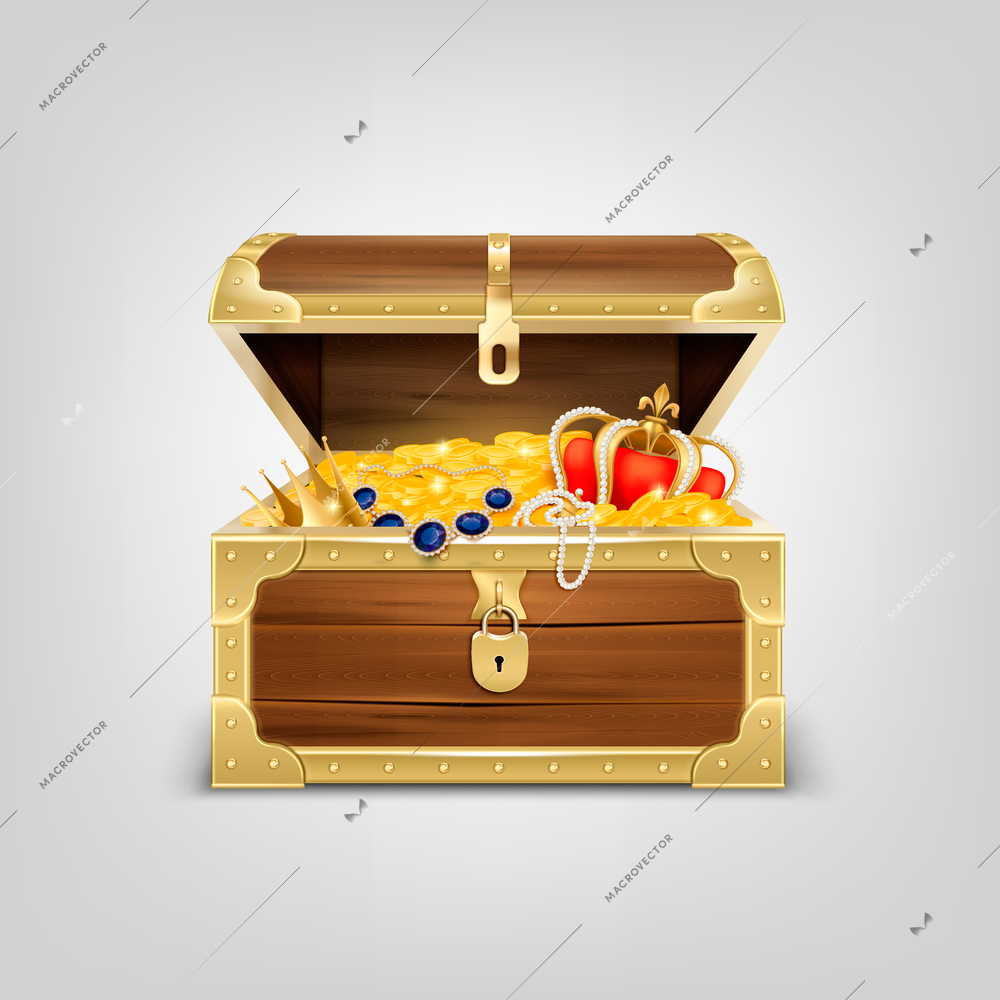 Old wooden chest with treasures realistic composition with image of treasure coffer filled with golden items vector illustration