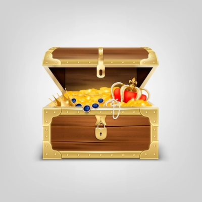 Old wooden chest with treasures realistic composition with image of treasure coffer filled with golden items vector illustration