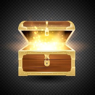 Shine in old wooden chest realistic composition on transparent background with vintage coffer and sparkling particles vector illustration