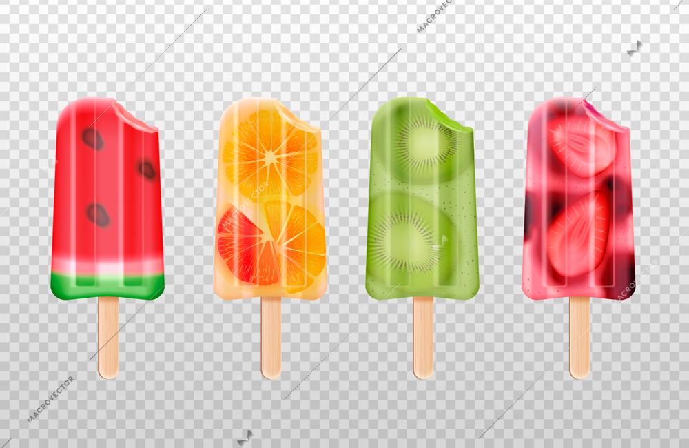 Bitten fruit popsicles ice cream realistic set of isolated fruity icecream stick images on transparent background vector illustration