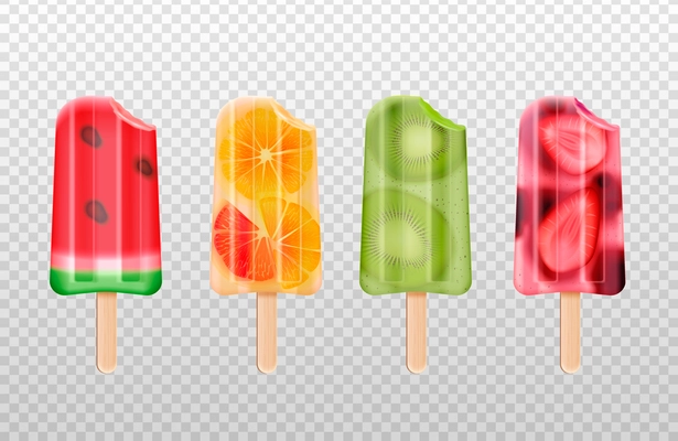 Bitten fruit popsicles ice cream realistic set of isolated fruity icecream stick images on transparent background vector illustration