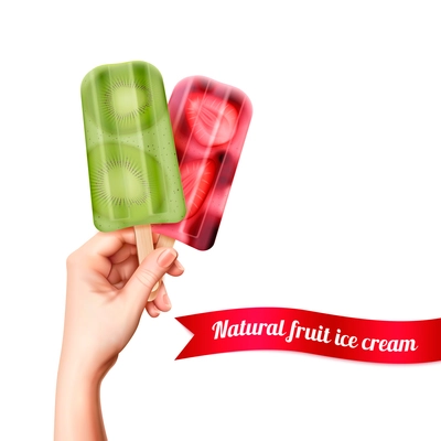 Fruit popsicles ice cream in hand realistic background with editable text on ribbon and human hand vector illustration