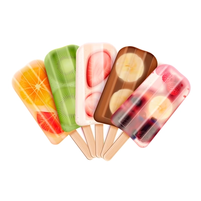 Fruit popsicles ice cream assortment realistic composition with images of ice lollies confectionery product range vector illustration