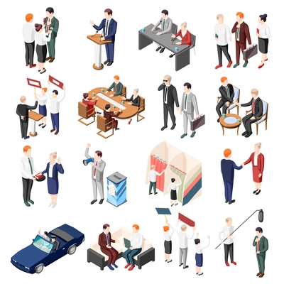 Politicians during debates conference and election campaign voters and supporters set of isometric icons isolated vector illustration