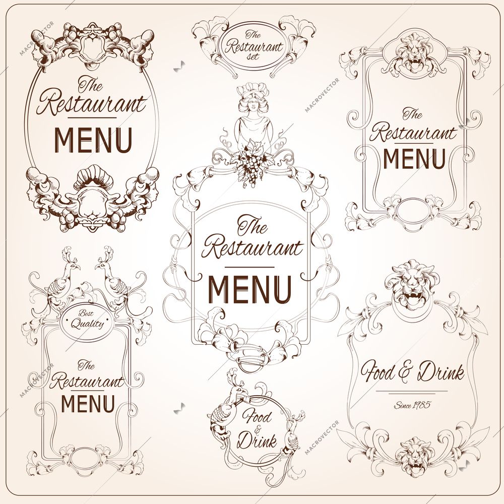 Elegant floral calligraphy retro style restaurant menu labels vector illustration