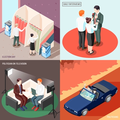 Politicians during television program and interview voters at election day isometric design concept isolated vector illustration