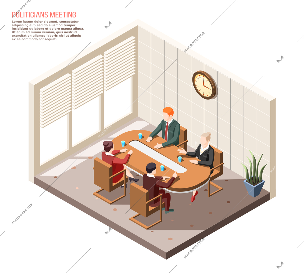 Politicians during conversation at meeting in conference room isometric composition vector illustration