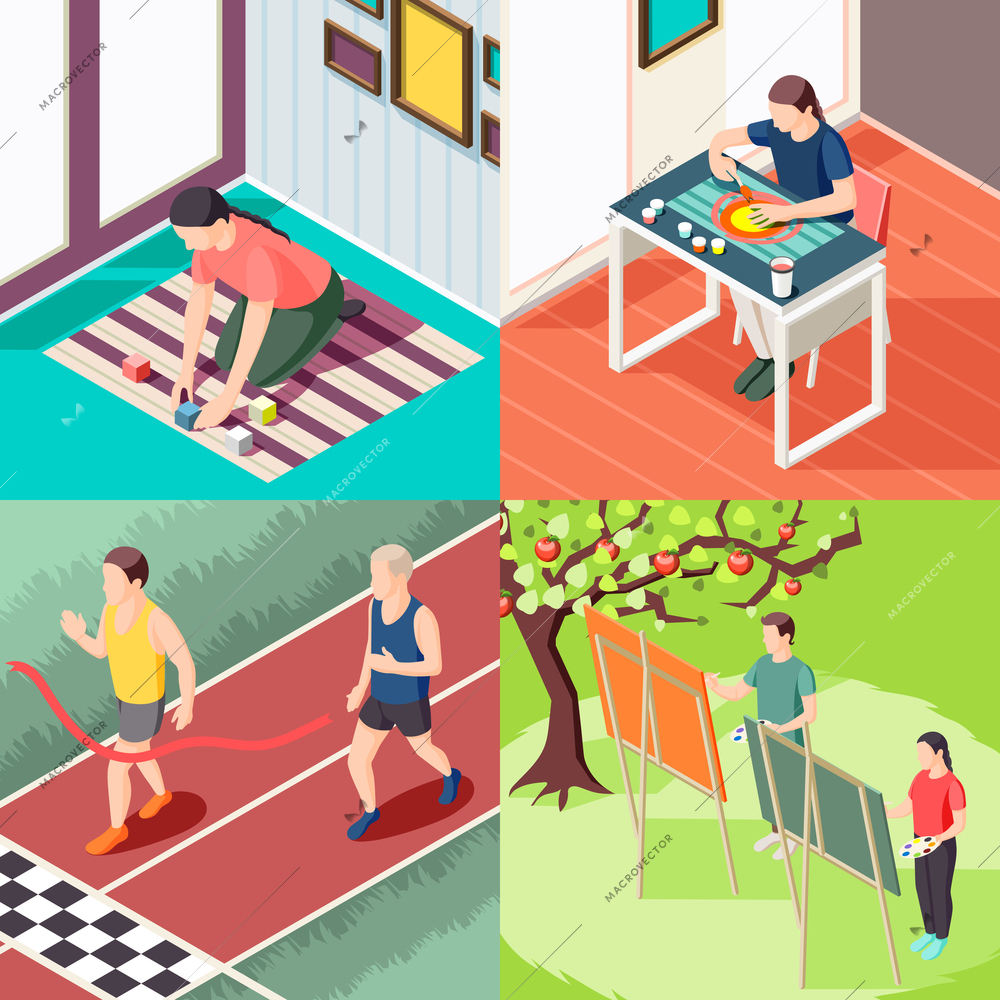 Alternative education sport activity painting classes and innovative learning methods isometric design concept isolated vector illustration