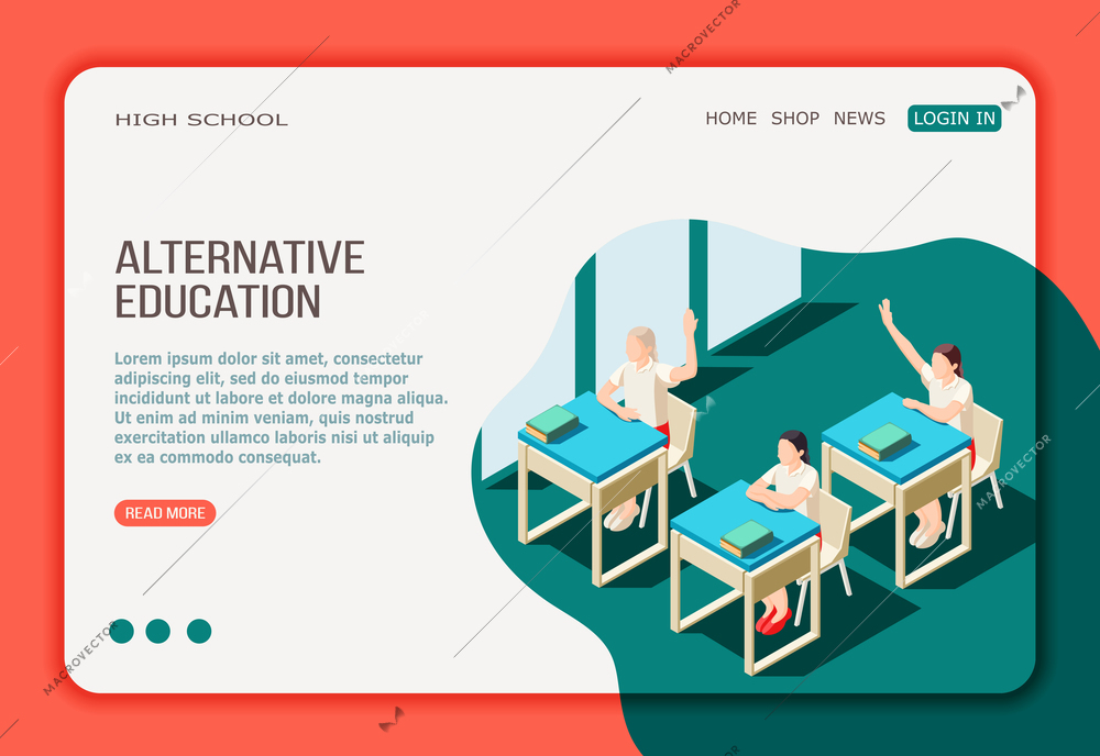 Alternative education isometric landing  web page with buttons menu and girls in high school class vector illustration