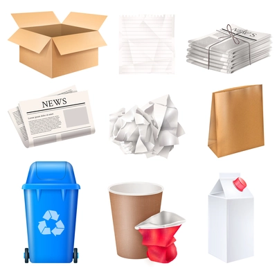 Trash and waste set with cardboard and paper realistic isolated vector illustration