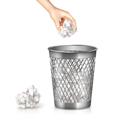 Rubbish bin with hand and used paper sheet realistic vector illustration