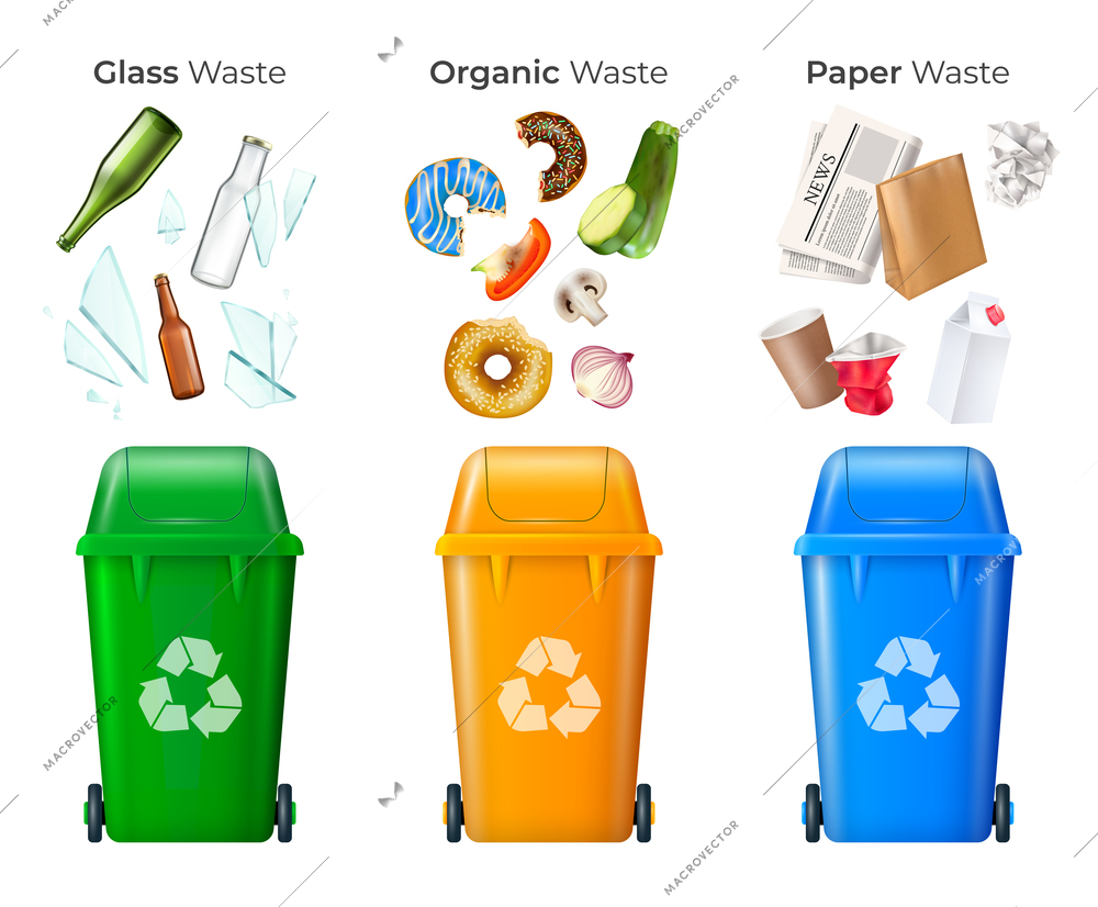 Trash and recycling set with glass and organic waste realistic isolated vector illustration