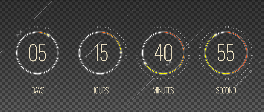 Interface countdown transparent set with hour and minute symbols realistic isolated vector illustration