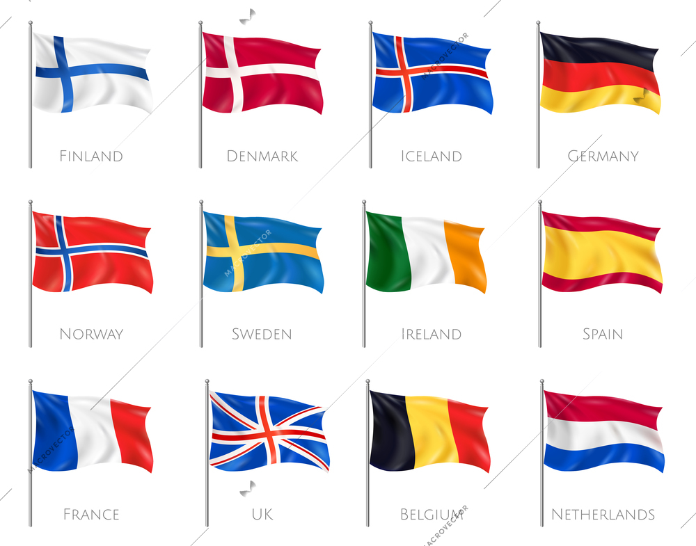 National flags set with Finland and Denmark realistic isolated vector illustration