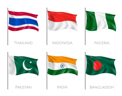 National flags set with Thailand and Indonesia flags realistic isolated vector illustration