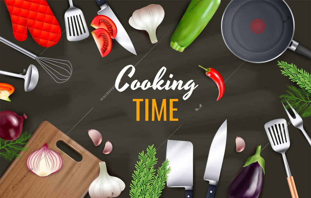 Cooking time background with kitchenware and cookware objects realistic vector illustration